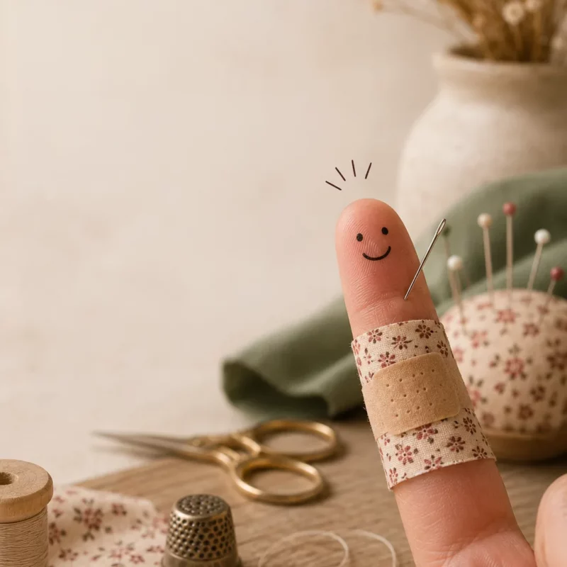Doigt levé avec un visage dessiné, un pansement fleuri et une aiguille