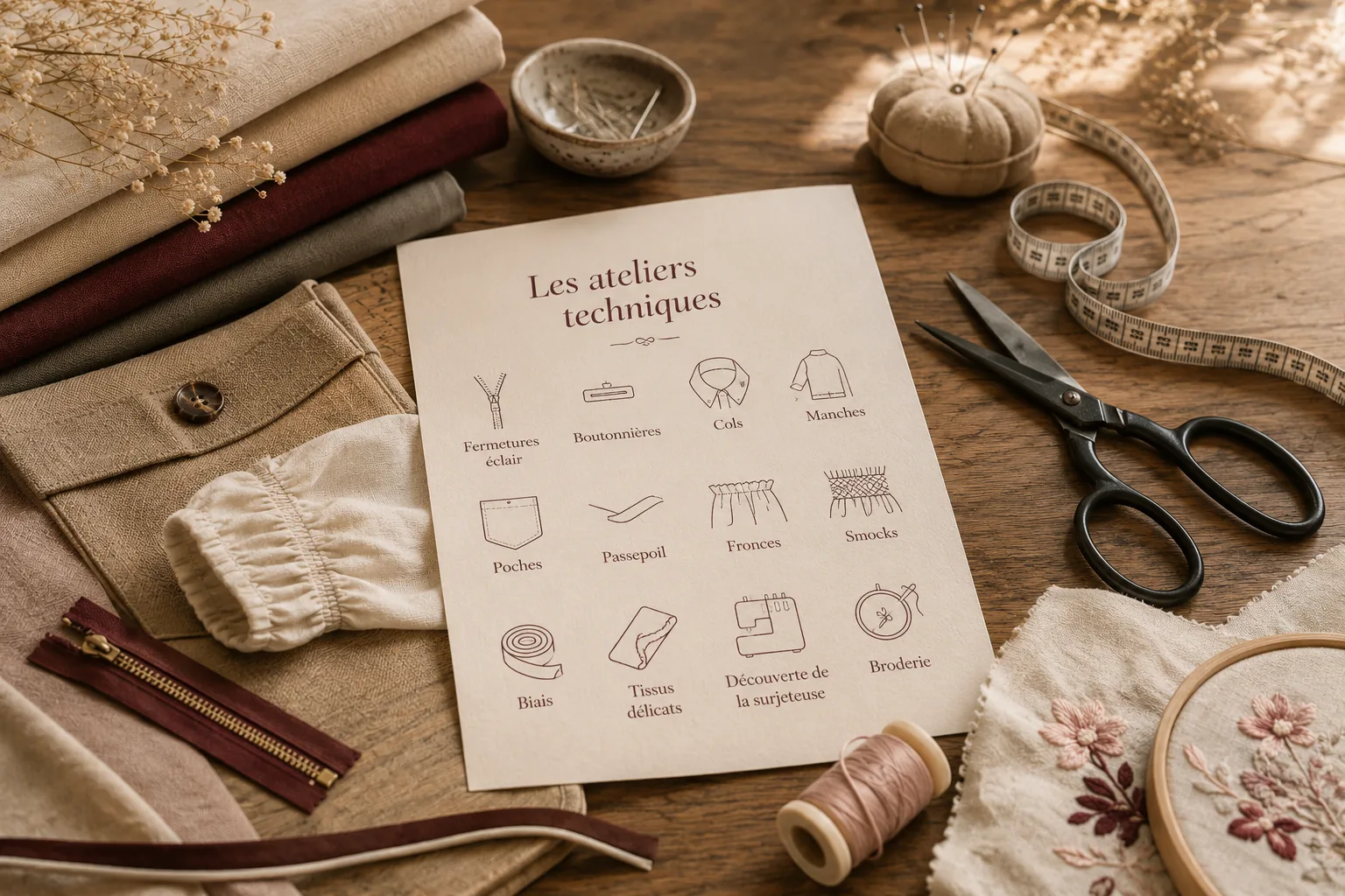 Accessoires de couture : ciseaux, zip et bobines