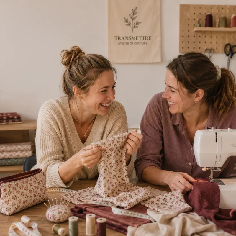 Deux femmes souriant en manipulant du tissu près d'une machine à coudre dans l'atelier