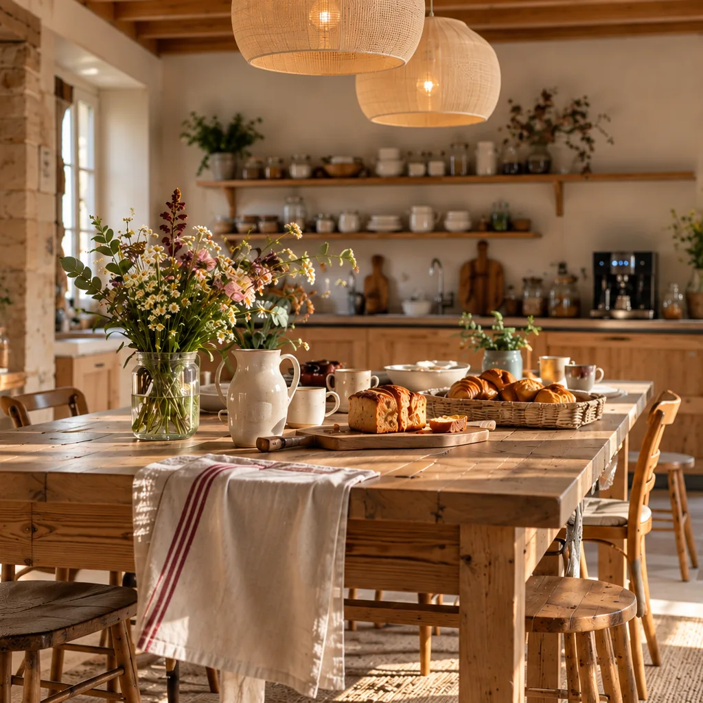 Grande table en bois dressée pour le petit-déjeuner dans une cuisine lumineuse