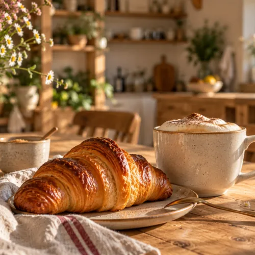 Croissant et tasse de café mousseux posés sur une table en bois ensoleillée