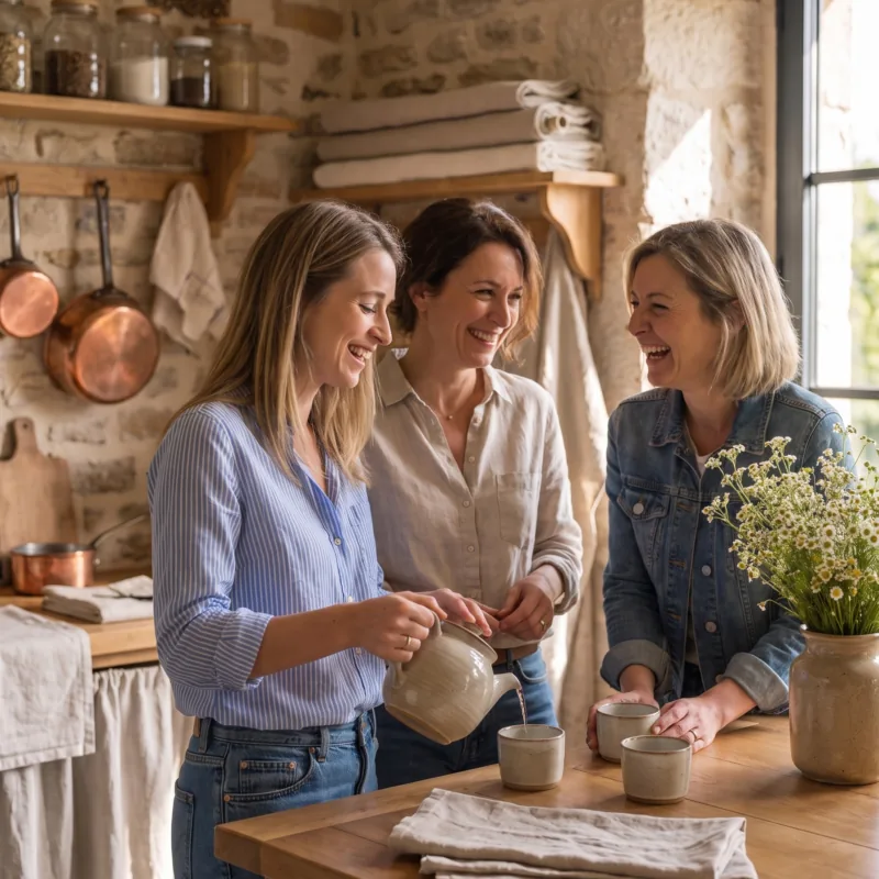 Trois femmes discutant et riant en servant du thé dans une cuisine rustique