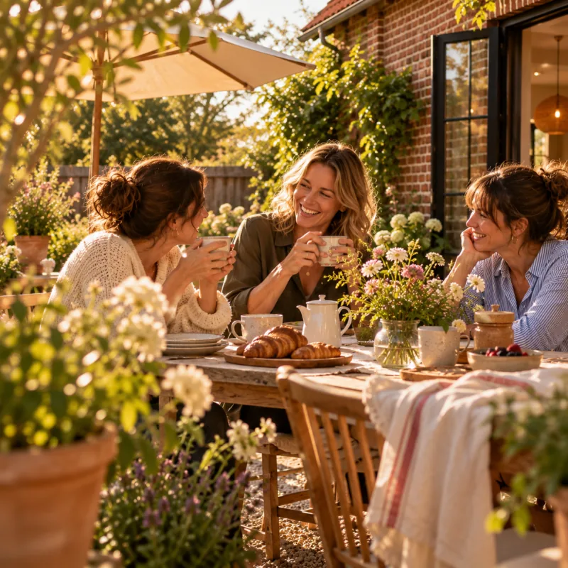 Trois femmes partageant un repas en extérieur sur une terrasse ensoleillée