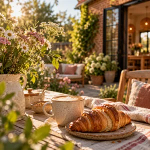 Petit-déjeuner avec café et croissant servi sur une table de terrasse fleurie