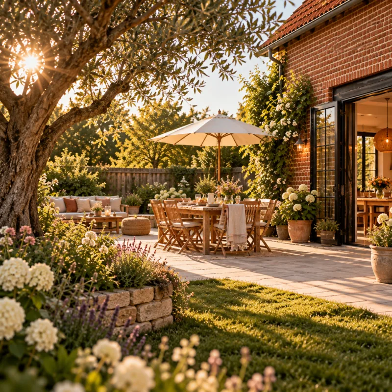 Terrasse aménagée avec une table en bois et un parasol devant une maison en briques