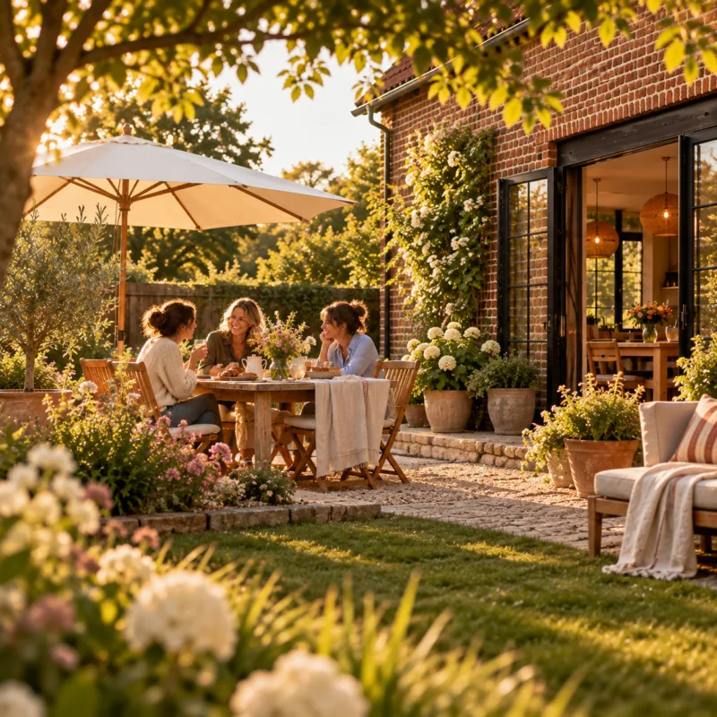 Trois femmes discutant autour d'une table sur une terrasse de jardin devant une maison en briques