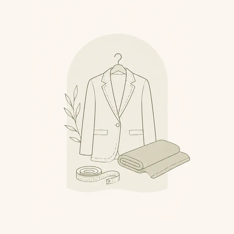 Illustration d'une veste sur un cintre, d'un rouleau de tissu et d'un mètre ruban