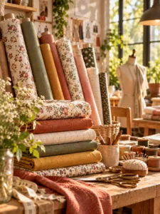Rouleaux de tissus et accessoires de mercerie sur un établi en bois dans l'atelier