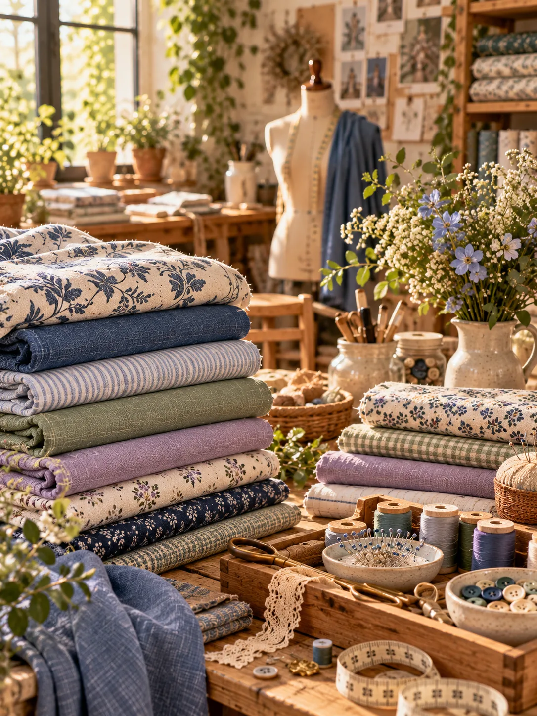 Piles de tissus pliés et matériel de couture sur une table d'atelier éclairée par le soleil
