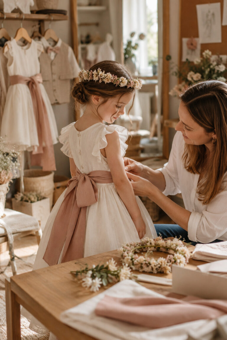 Ajustement d'une robe de cérémonie et couronne de fleurs à l'atelier