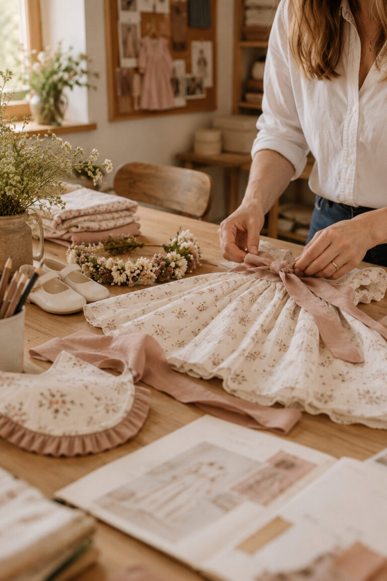 Nœud rose noué sur une robe de bébé au motif floral, avec bavoir et chaussures assortis